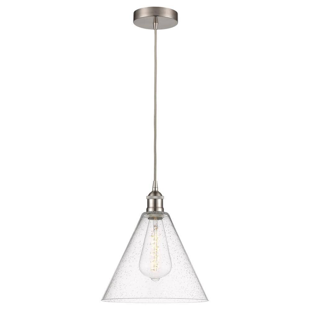 Edison Glass Cone 60-Watt 1-Light Brushed Satin Nickel Standard Mini Pendant Light with Seeded Glass Shade
