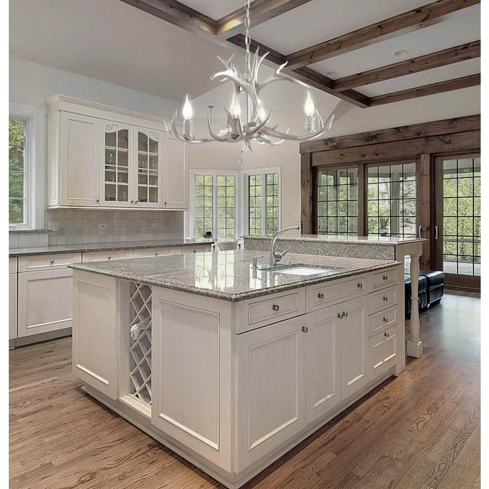 JONATHAN Y JYL6301C Eldora 26" Adjustable Resin Antler 4-Light LED Chandelier, Farmhouse, Glam, Transitional, Rustic, Cottage for living room, dinning room, bedroom, office Bulb Included, Silver