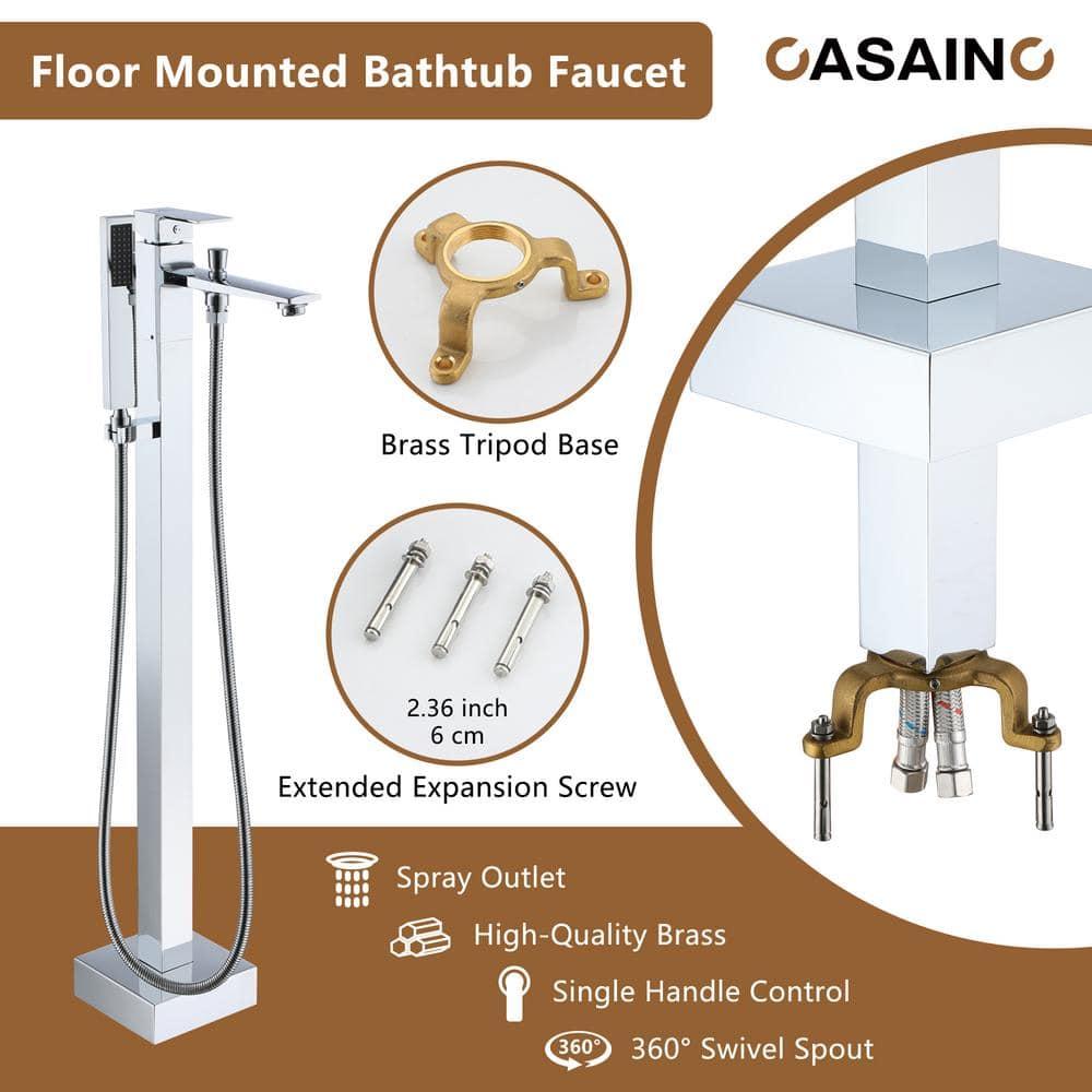 1-Handle Floor Mount Freestanding Tub Faucet with Handheld Shower in Chrome Plated