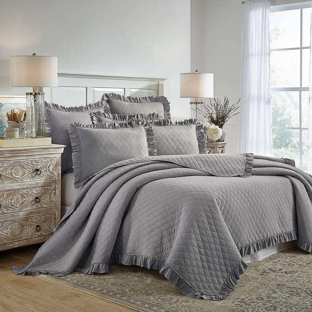 Levtex Home - Grey Stonewash Quilt Set - King/Cal King Quilt + One King Pillow Sham - Grey with Frayed Ruffle - Quilt Size (106x92in.) and Pillow Sham Size (36x20in. ) - Reversible - Microfiber