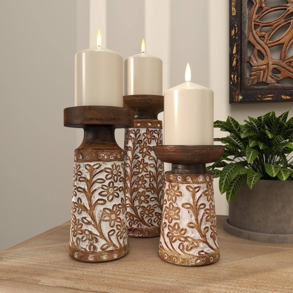 Gracie Oaks Mango Wood Floral Handmade Decorative Candle Holder Carved Pillar Candle Stand With Cream Accents, Set Of 3 Candlestick Holder 6", 8", 10"H, Brown