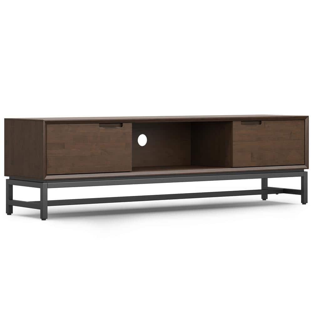 Simpli Home Banting 72"W Solid Hardwood Industrial Low TV Stand for TVs up to 80" with 2 Cabinets and Metal Base