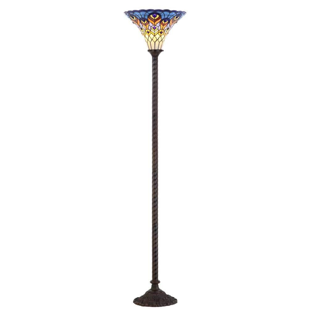 JONATHAN Y JYL8006A Peacock Tiffany-Style 70" Torchiere LED Floor Lamp, Traditional for living room, dinning room, bedroom, office Bulb Included, Bronze