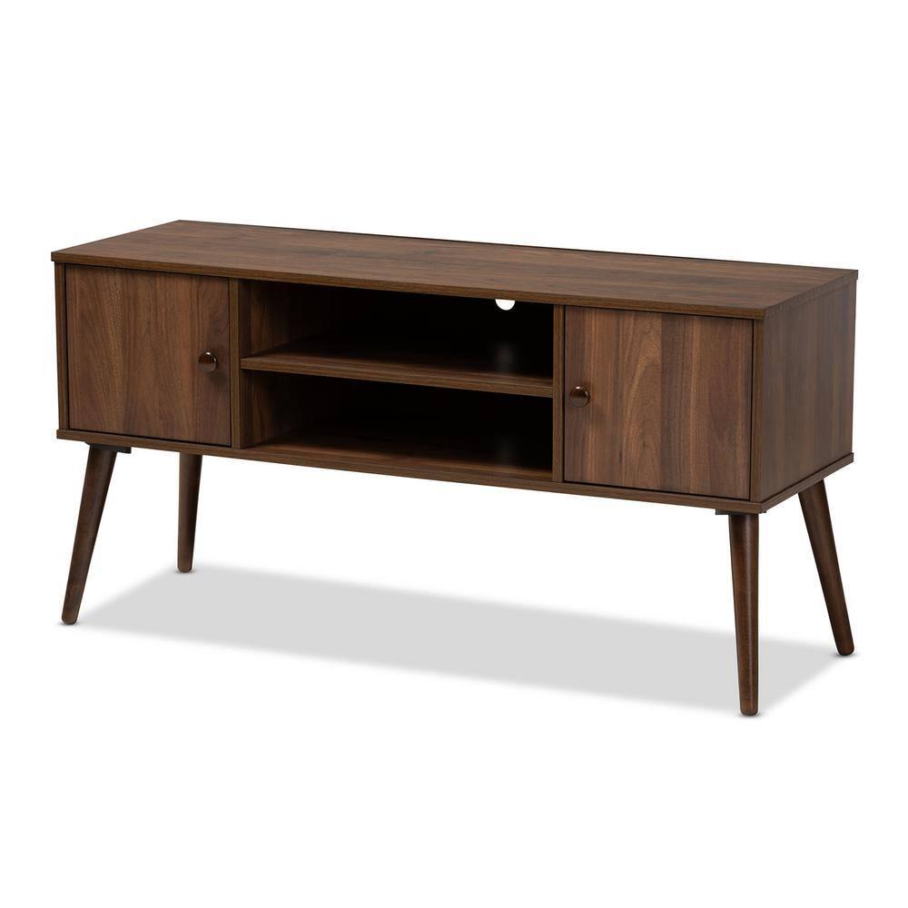 Alard 2 Door Wood TV Stand for TVs up to 50" Walnut - Baxton Studio: Mid-Century Modern Media Console with Fixed Shelves