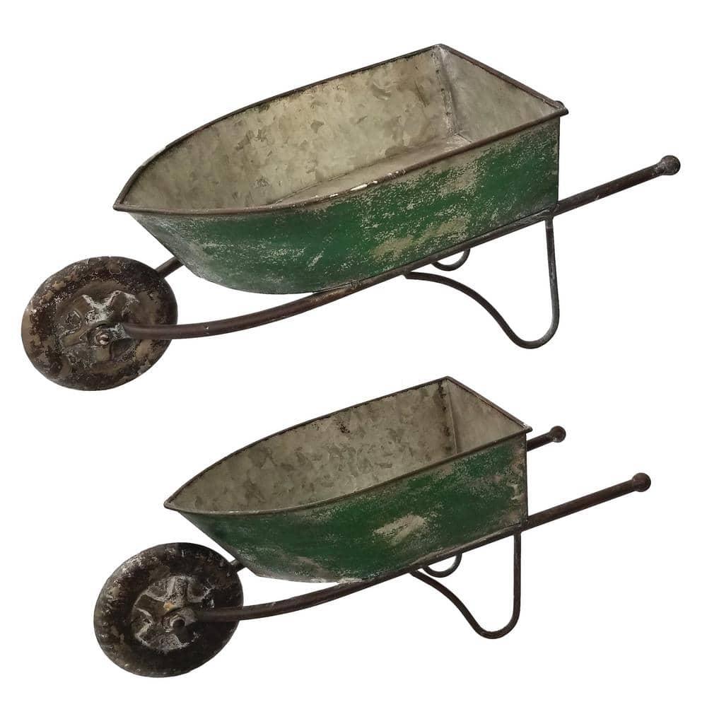 2pk Rustic Iron Wheelbarrow Garden Novelty Planter Green - Alpine Corporation