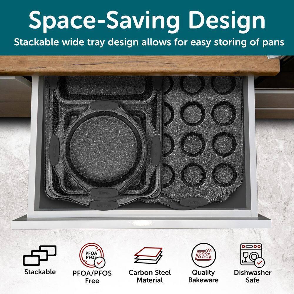 BAKKEN 8-Piece Kitchen Oven Baking Pans Set - Deluxe Nonstick Gray Marble Coating, Professional Grade Carbon Steel Bakeware with Silicone Handles