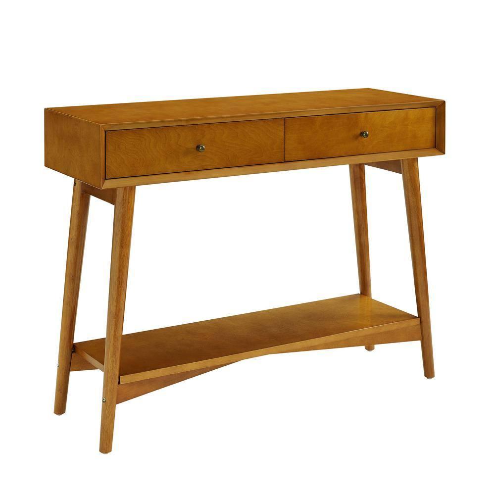 Crosley Landon Console Table Acorn: Mid-Century Modern Design, Hardwood with Open Shelf & Drawer