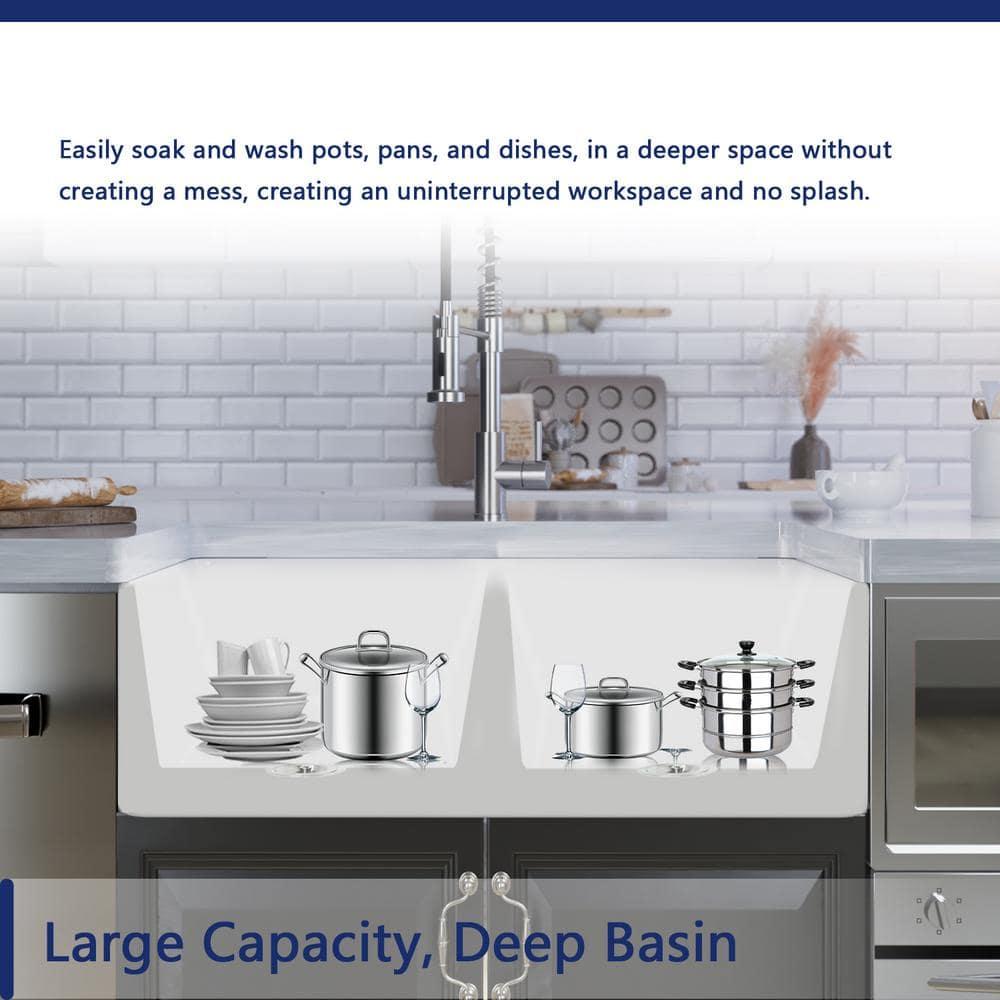 Nova 33" L x 18" W Double Bowl Fireclay Farmhouse Kitchen Sink with Sink Grid and Basket Strainer