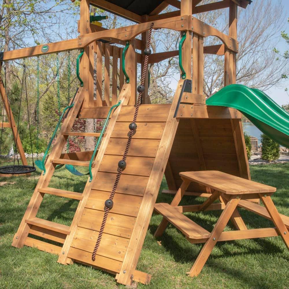 Backyard Discovery Endeavor II Cedar Wood Swing Set, Slide, Play Deck, Double Rock Wall