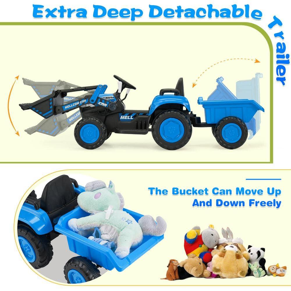 Erommy Ride on Bulldozer Toys with Remote Control, 12 V Battery Powered Ride on Tractor with Trailer, Front Loader Bucket, Horn, Lights, Music