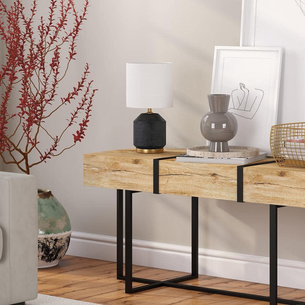 Evelyn&Zoe Esther 15" Tall Textured Ceramic Mini Lamp with Fabric Shade, Matte Black/Antique Brass/White