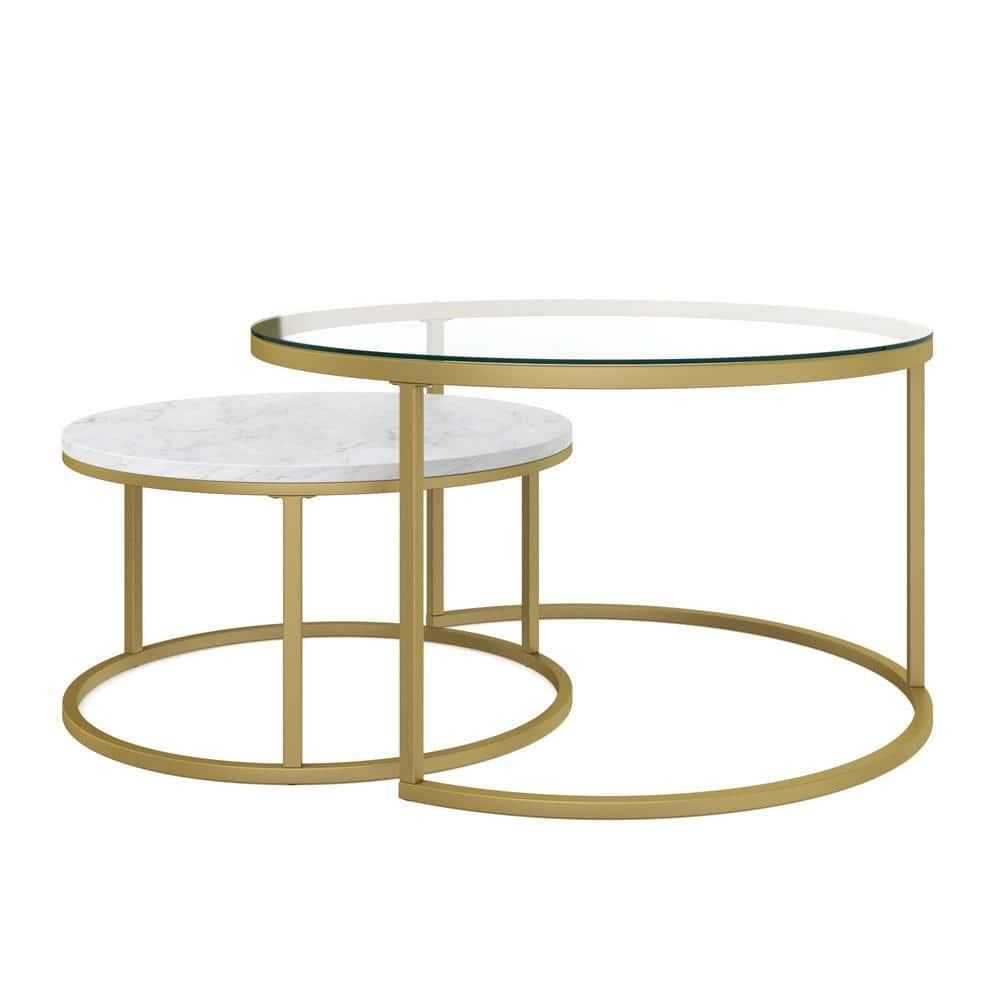 Modern Luxe Round Nesting Coffee Table Set, Glass & Marble on Gold Frame