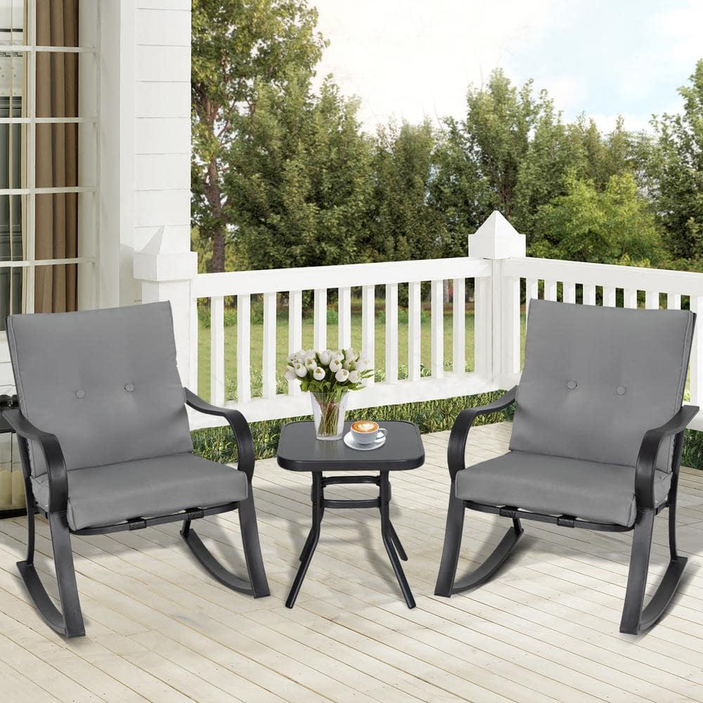 Crownland Outdoor Rocking Chairs Patio Furniture 3 Piece Patio Set Bistro Table Set Black Iron with Thickened Cushions and Glass Coffee Table, Grey