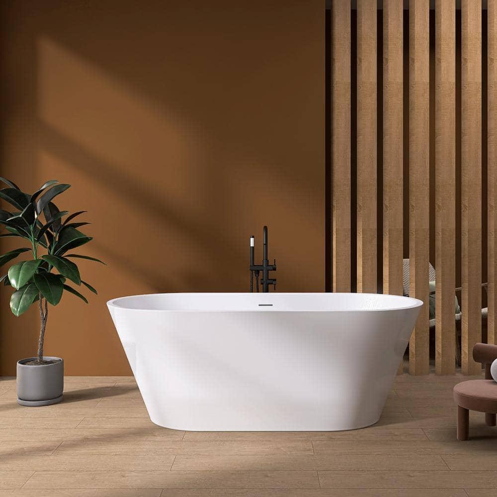55" Freestanding Soaking Acrylic Bathtub Contemporary Stand Alone Tub with Pop-Up Drain