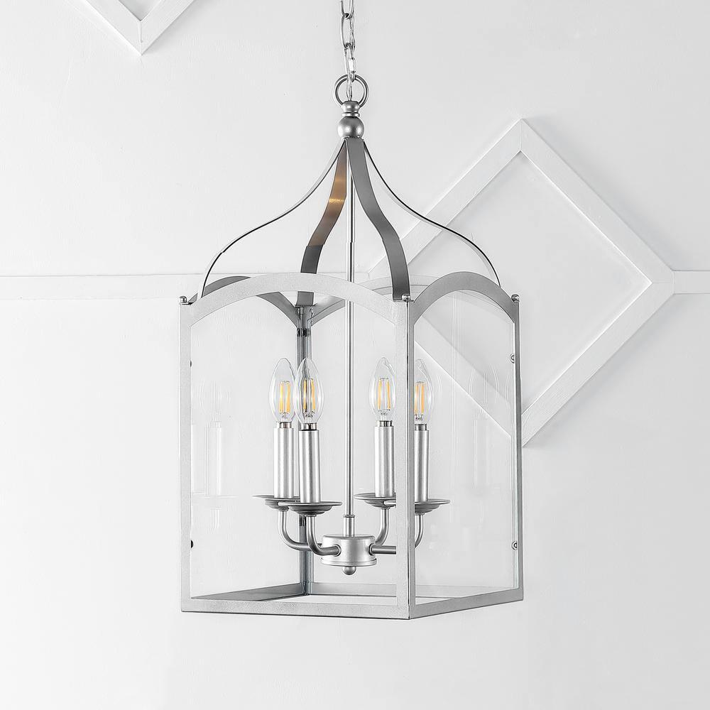 11" LED 4-light Ruth Classic Lantern Metal/Glass Pendant Silver - JONATHAN Y: ETL Listed, Adjustable Height
