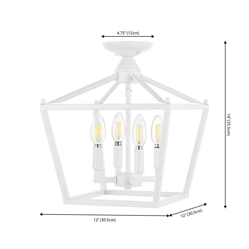 Plains Mini Lantern 12 in. 4-Light Iron Modern Farmhouse LED Flush Mount, White