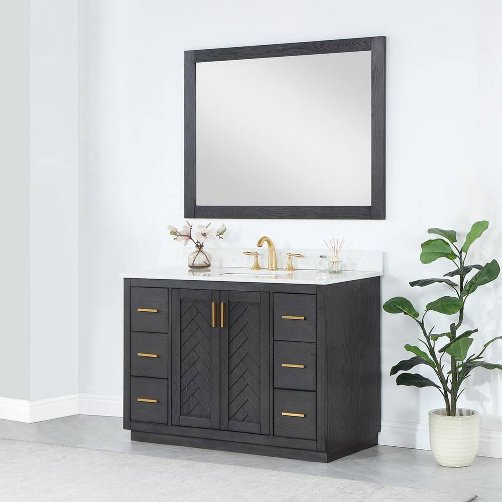 Gazsi 48" Single Bathroom Vanity Set in Brown Oak with Grain White Composite Stone Countertop without Mirror