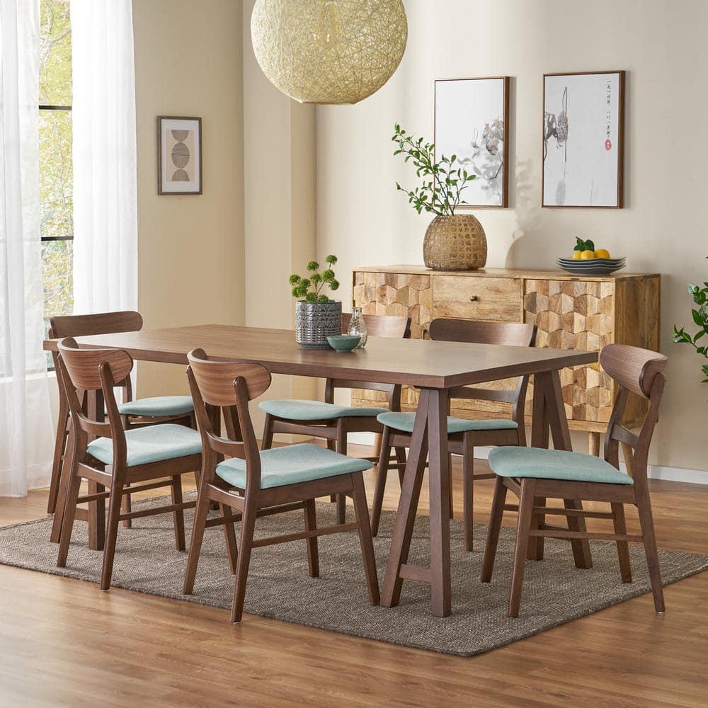 Noble House Lydia Mid-Century Modern 7 Piece Dining Set, Mint and Walnut
