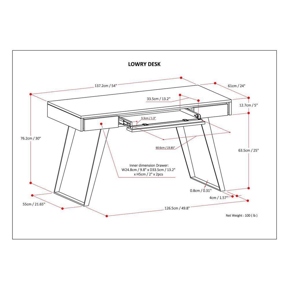 Simpli Home Lowry Solid Acacia Wood Desk, Industrial Style with Keyboard Tray and 2 Drawers