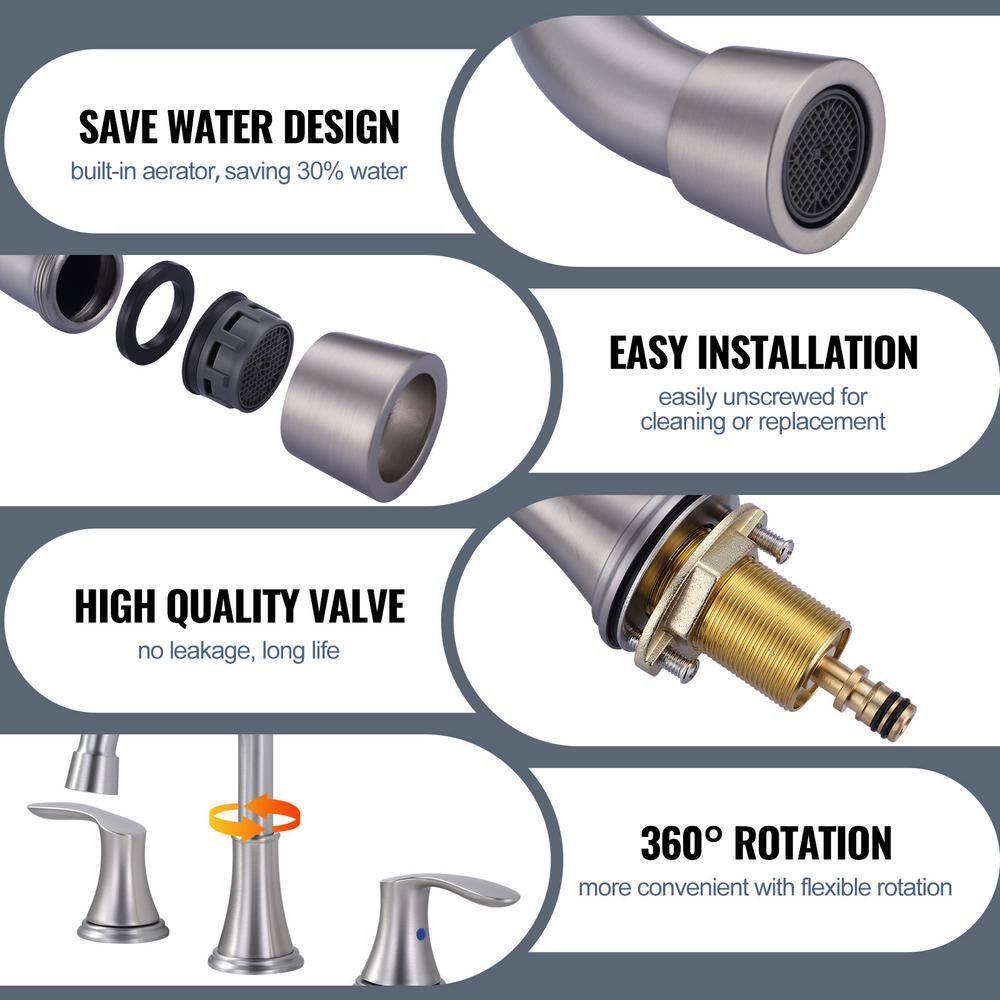 WOWOW 8 in. Widespread Double Handle Bathroom Faucet with Drain Kit Included in Brushed Nickel