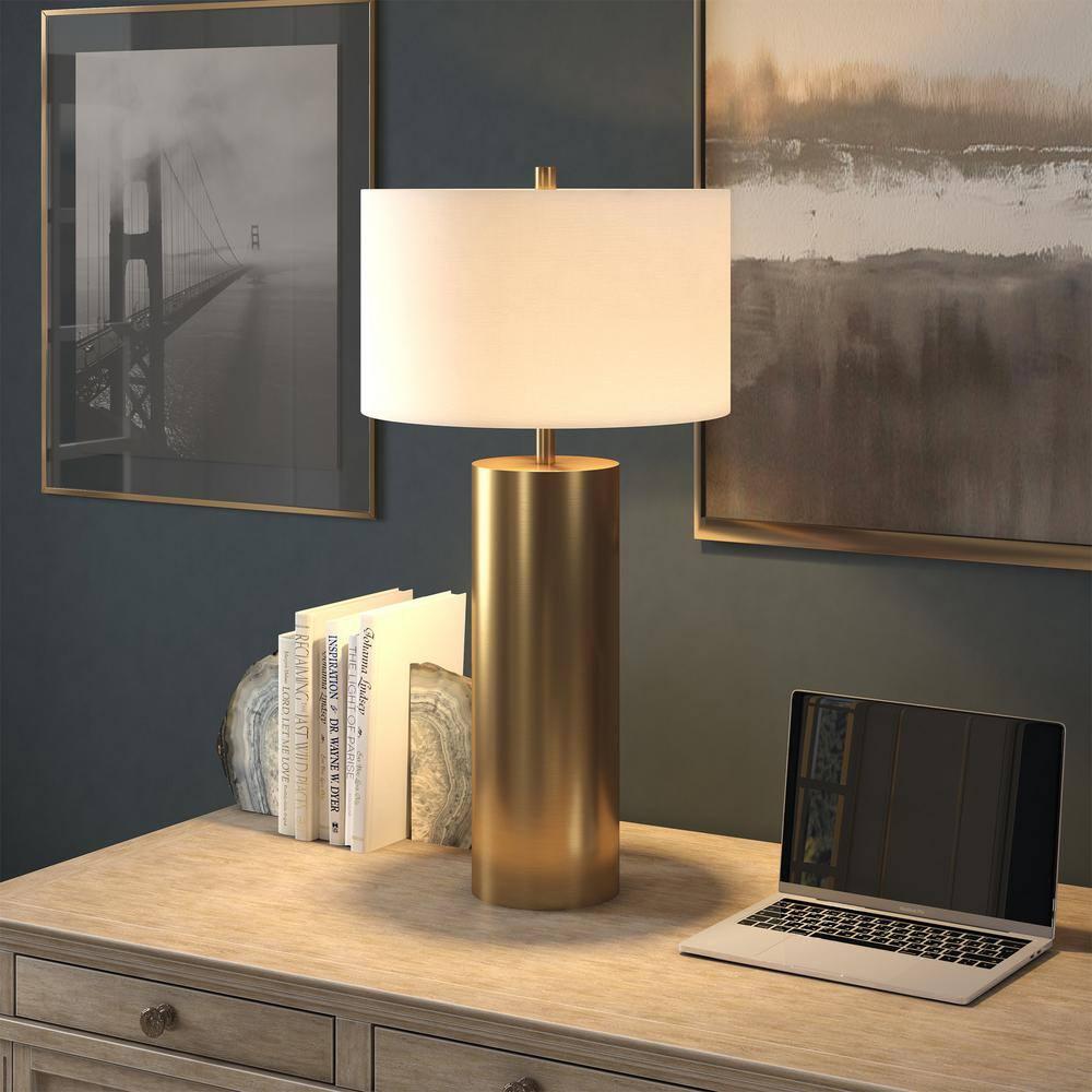 Evelyn&Zoe York 29.5" Mid-Century Modern Metal Table Lamp with White Drum Fabric Shade