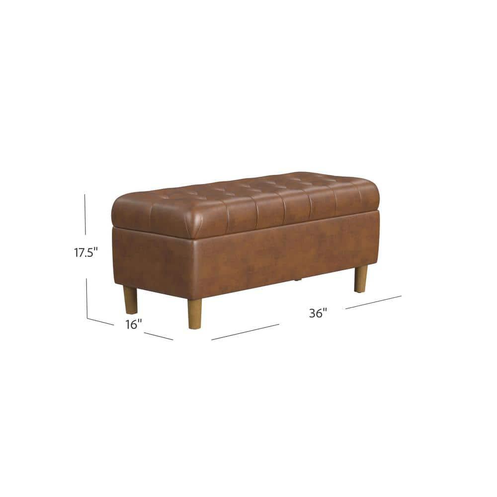 Button Tufted Storage Bench with Cone Wood Legs Faux Leather Brown - HomePop: Hinged Lid, Easy Access