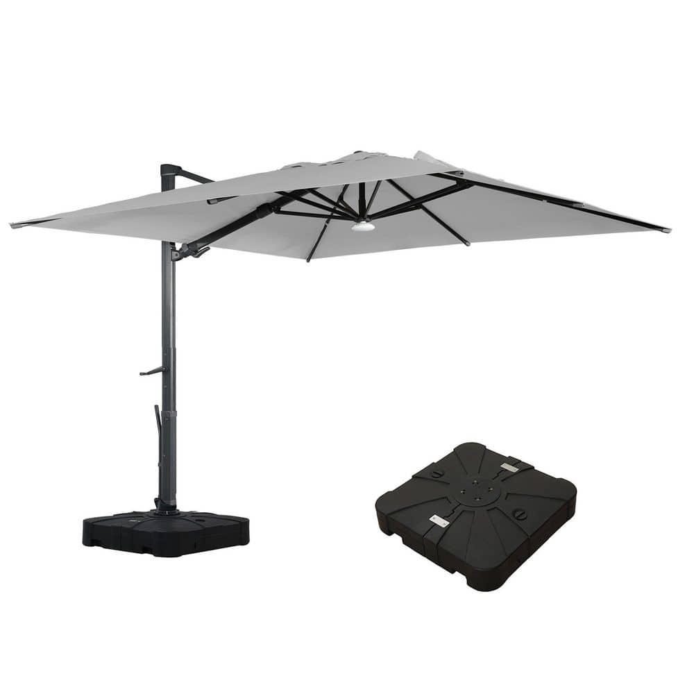10ft Square Solar LED Cantilever Patio Umbrella with Bluetooth Light for Outdoor Shade Grey with base B