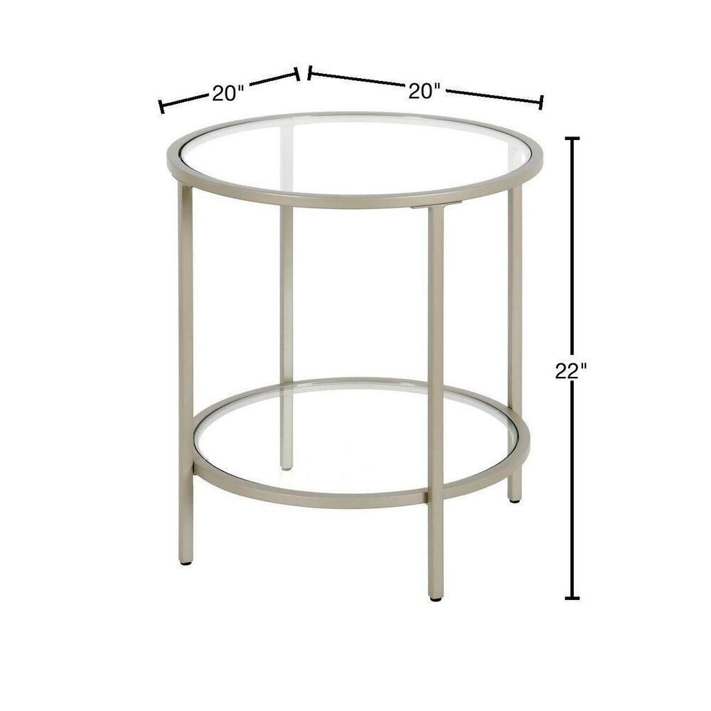 Satin Nickel 20" Round Metal & Glass Side Table with Shelf