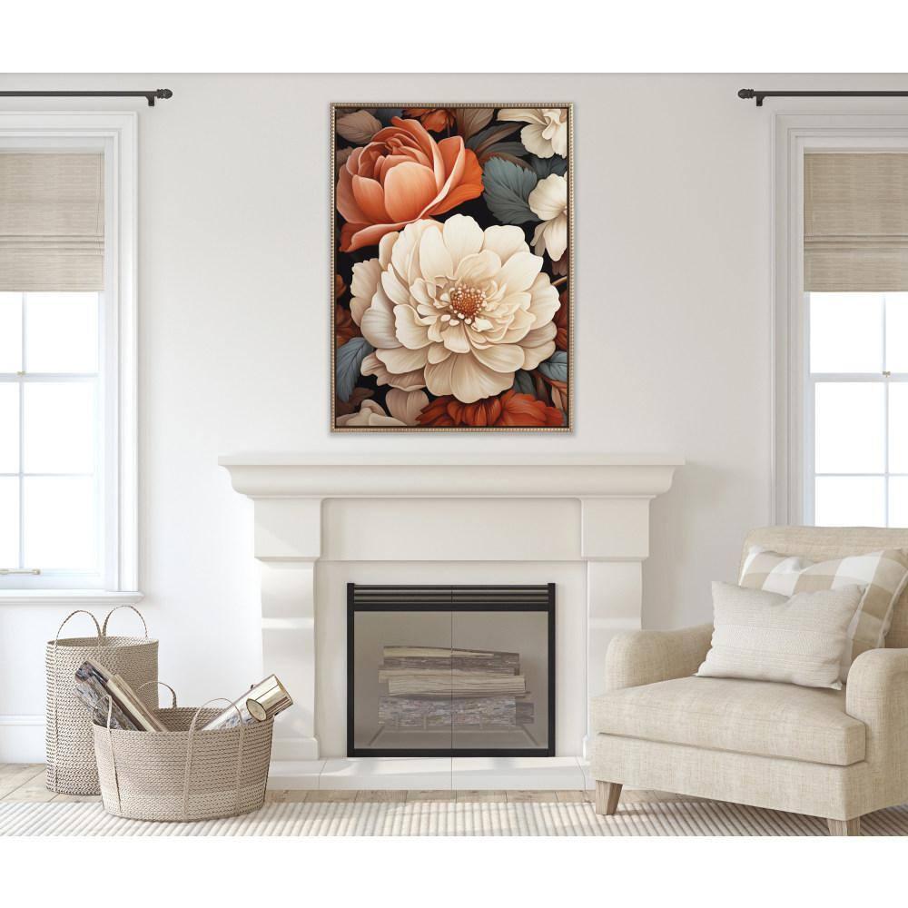 Romantic Ivory and Peach Floral Canvas Print with Gold Beaded Frame