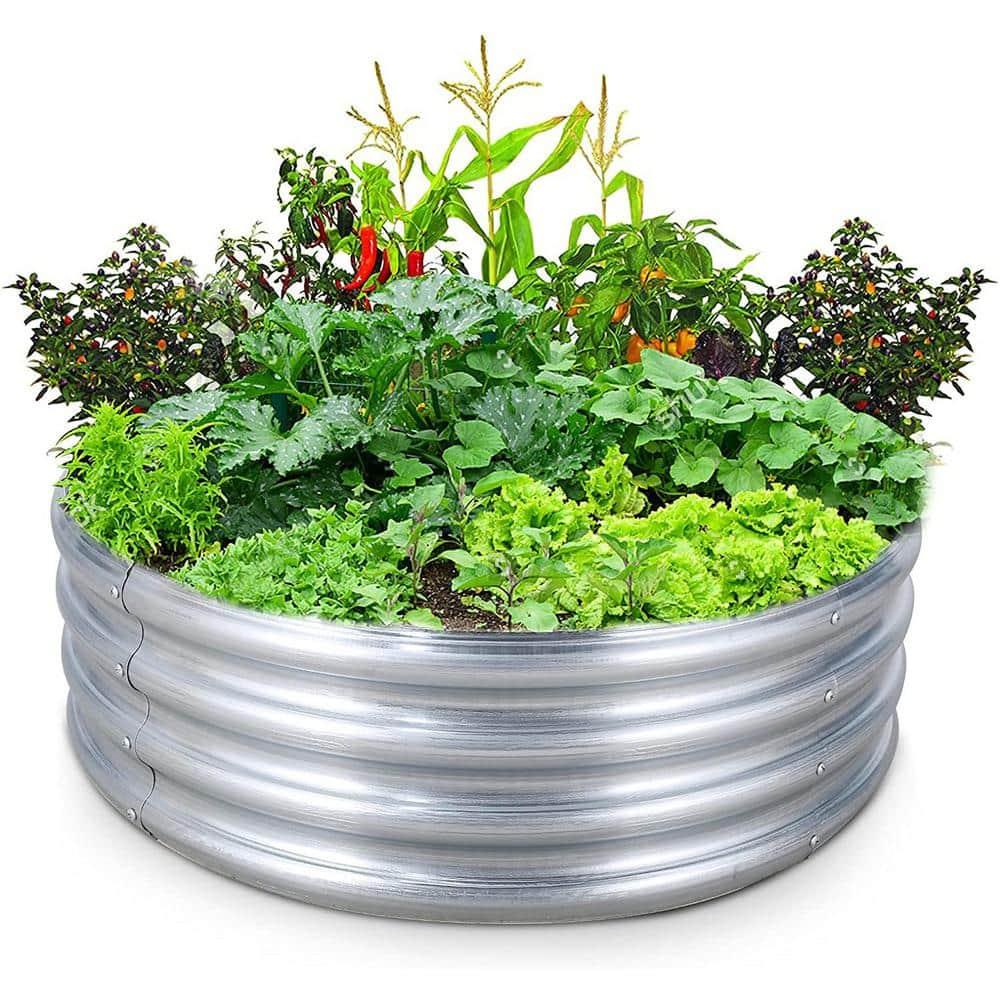 LuxenHome 3ft Round Galvanized Metal Raised Garden Bed Planter Silver