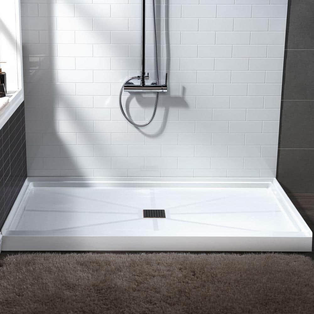60" x 36" Solid Surface Single Threshold Shower Pan Base with Drain Assembly & Drain Cover Included, Non-Slip