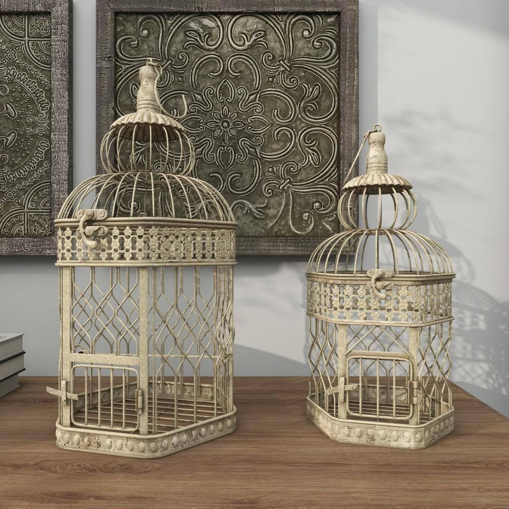 DecMode Cream Vintage Metal Birdcage with Crisscross Vertical Bars and Floral Embossed Design, Set of 2 21", 18"H