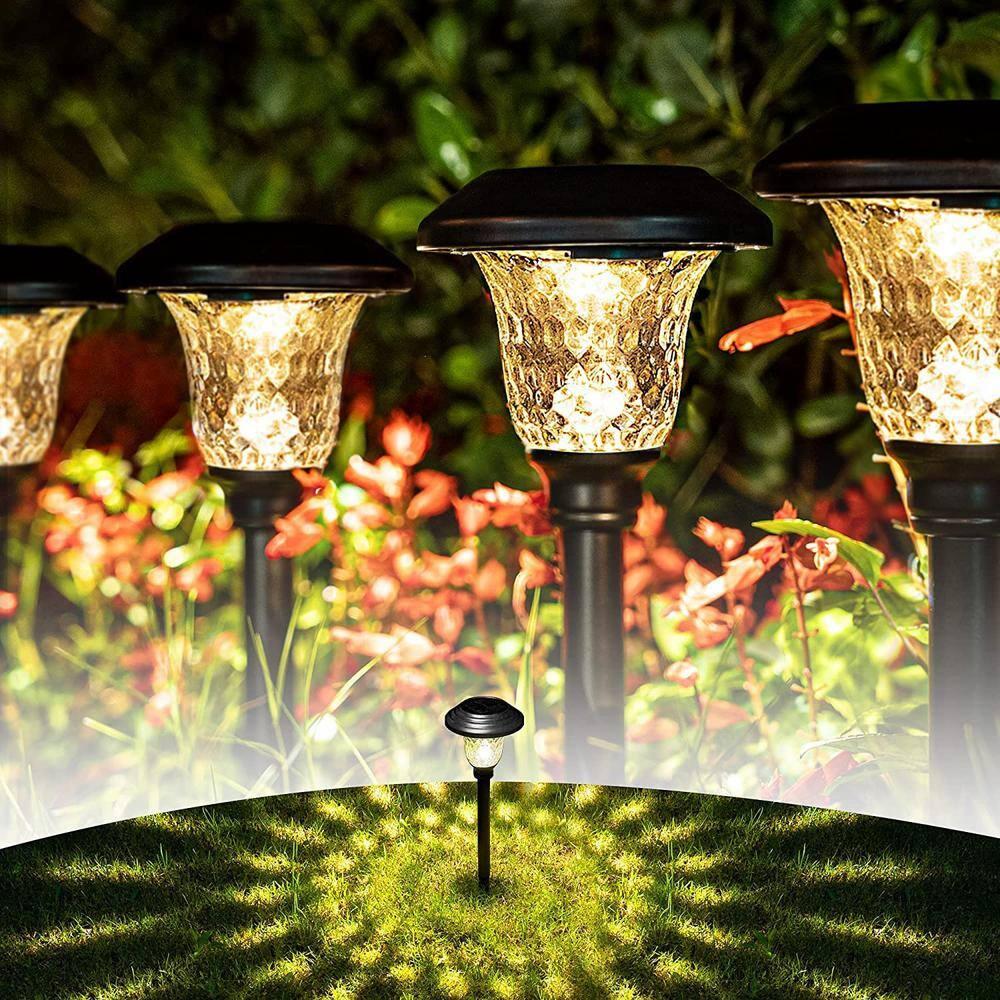 GIGALUMI Solar Garden Lights 8 Pack, Super Bright Solar Pathway Lights, Glass Stainless Steel Solar Lights Outdoor Waterproof, Auto On/Off Solar Powered Landscape Lights for Yard, Walkway (Black).