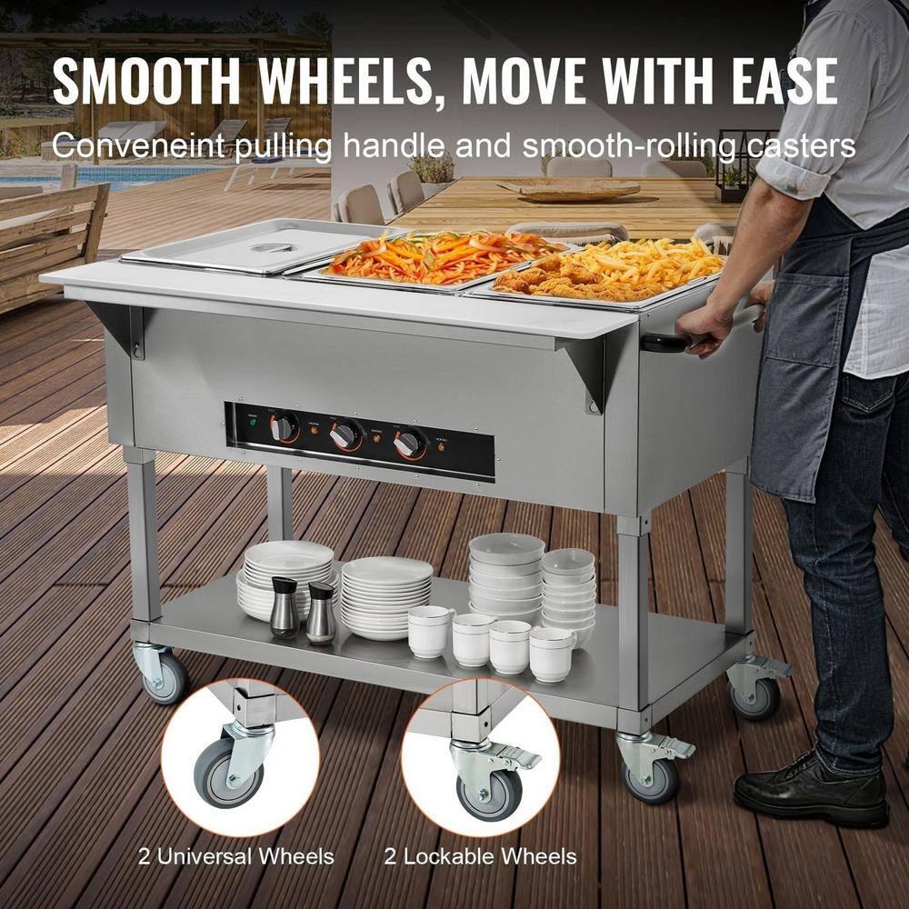 3-Pan Commercial Food Warmer, 3 x 20.6QT Electric Steam Table, 1500W Professional Buffet Catering Food Warmer with 4 Wheels (2 Lockable), Food Grade Stainless Steel Server for Party Restaurant