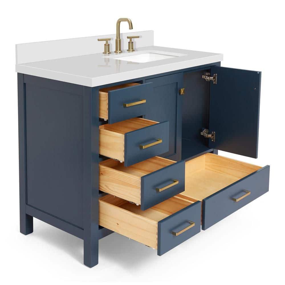 ARIEL Cambridge 43 Inch Midnight Blue Bathroom Vanity with Single Sink, Solid Wood, White Quartz Countertop, 1.5-Inch Edge, Right Rectangular Undermount Sink, 2 Soft Closing Doors, 5 Drawers