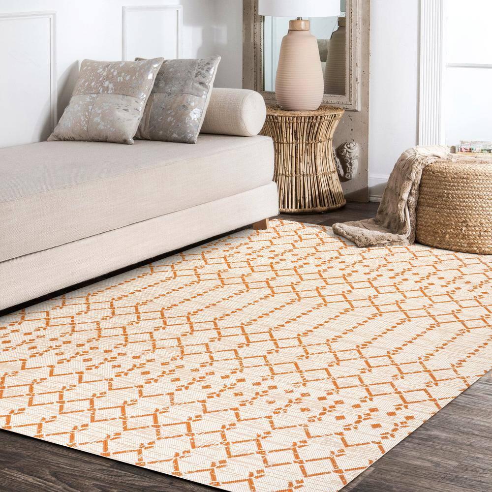 3' x 5' Ourika Moroccan Geometric Textured Weave Indoor/Outdoor Area Rug, Cream/Orange - JONATHAN Y