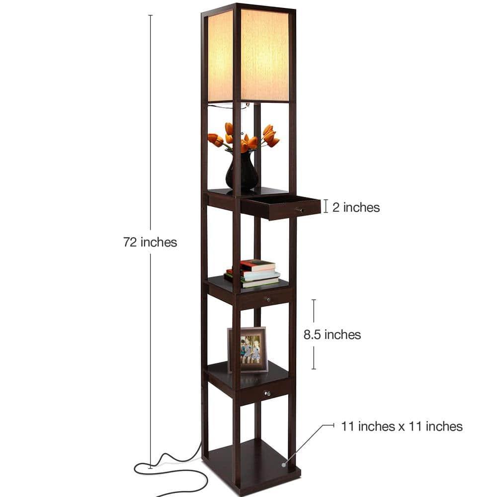 Maxwell 72 in. Havana Brown Traditional 1-Light LED Energy Efficient 3-Drawer Floor Lamp with Beige Fabric Square Shade