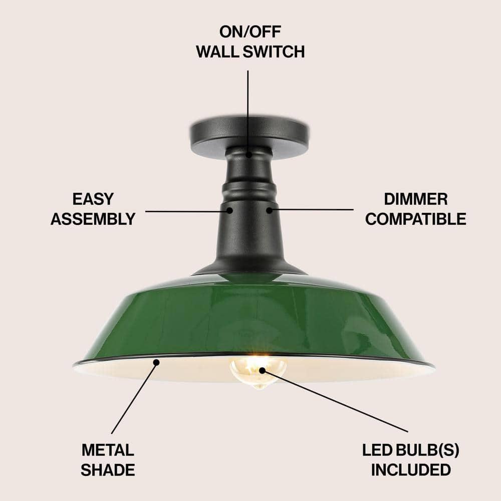 JONATHAN Y Camila 14" 1-Light Classic Industrial Indoor/Outdoor Iron LED Semi Flush Mount, Green/White, JYL7617F