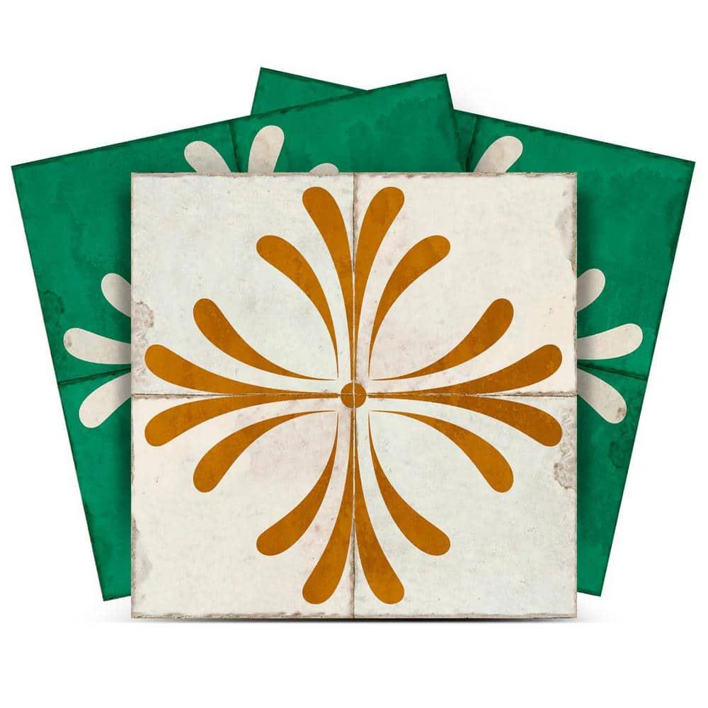 Mi Alma Green Beige Gold Vintage Flower Peel & Stick Tiles - Vinyl Backsplash 8x8