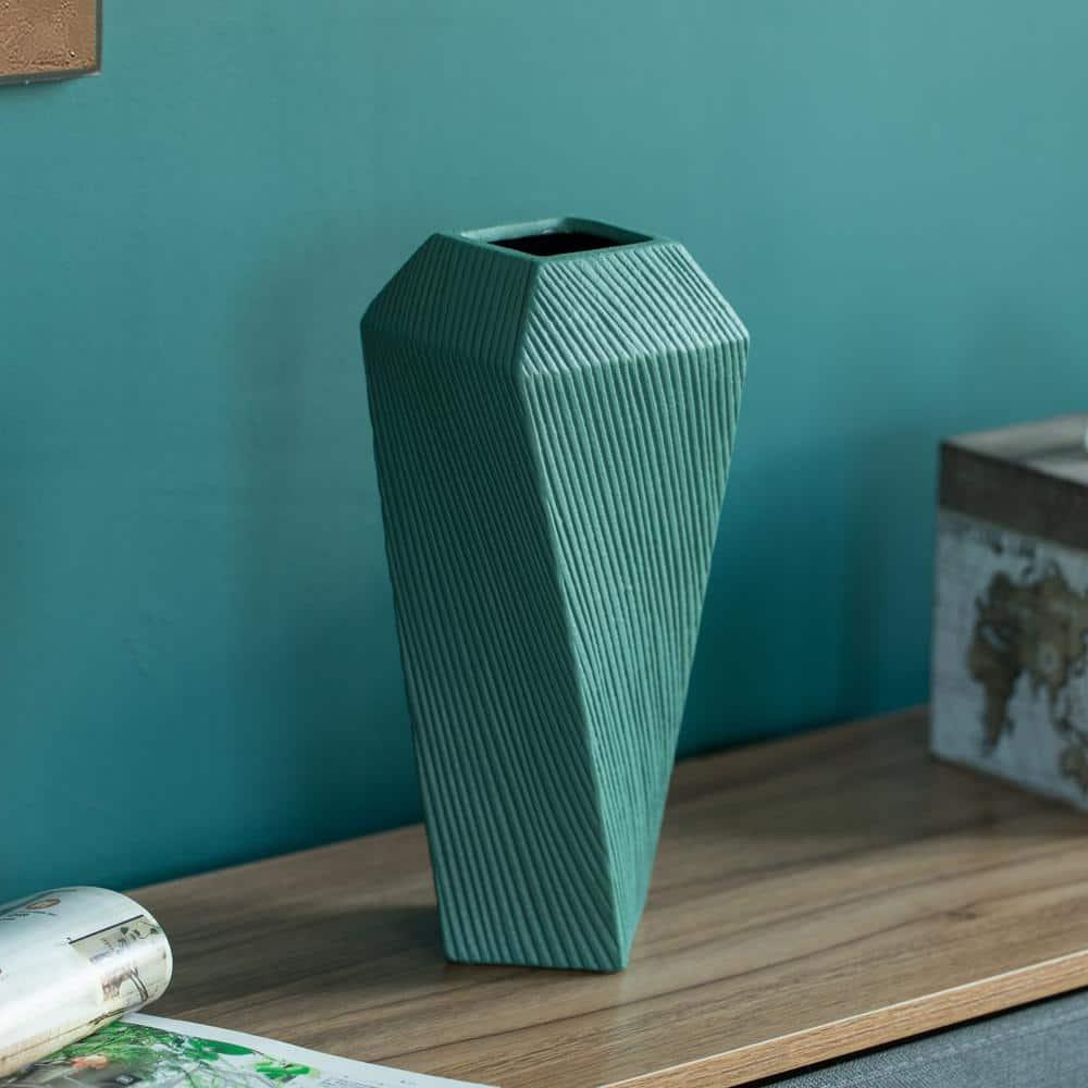 Uniquewise 12" H Decorative Ceramic Square Twisted Centerpiece Table Vase Green, Large