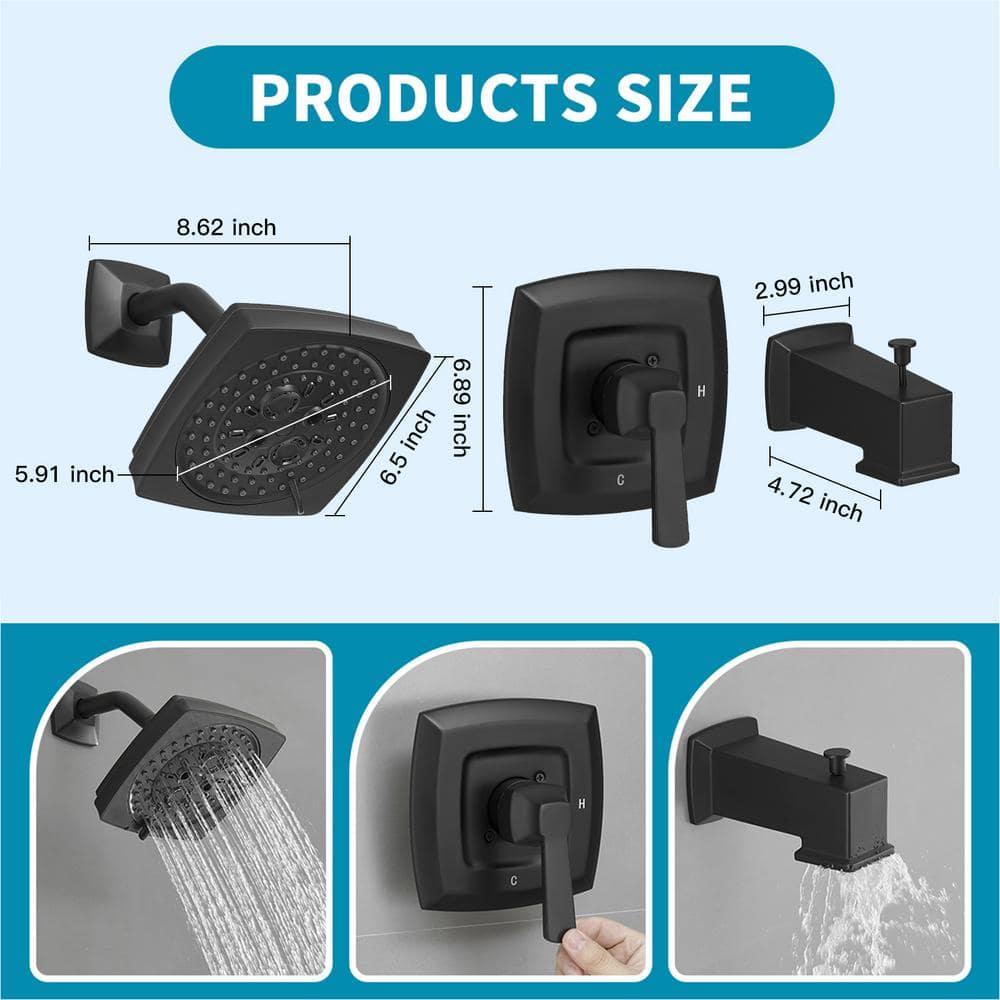 Single Handle 2-Spray Rainfall Square Shower Faucet Set 1.8 GPM with Tub Spout Combo High pressure