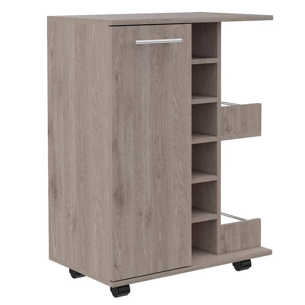 Magda Bar Cart with Four Casters, Six Built-in Wine Rack, Single Door Cabinet, and Two External Shelves, 32.32" H, Light Gray, Living Room