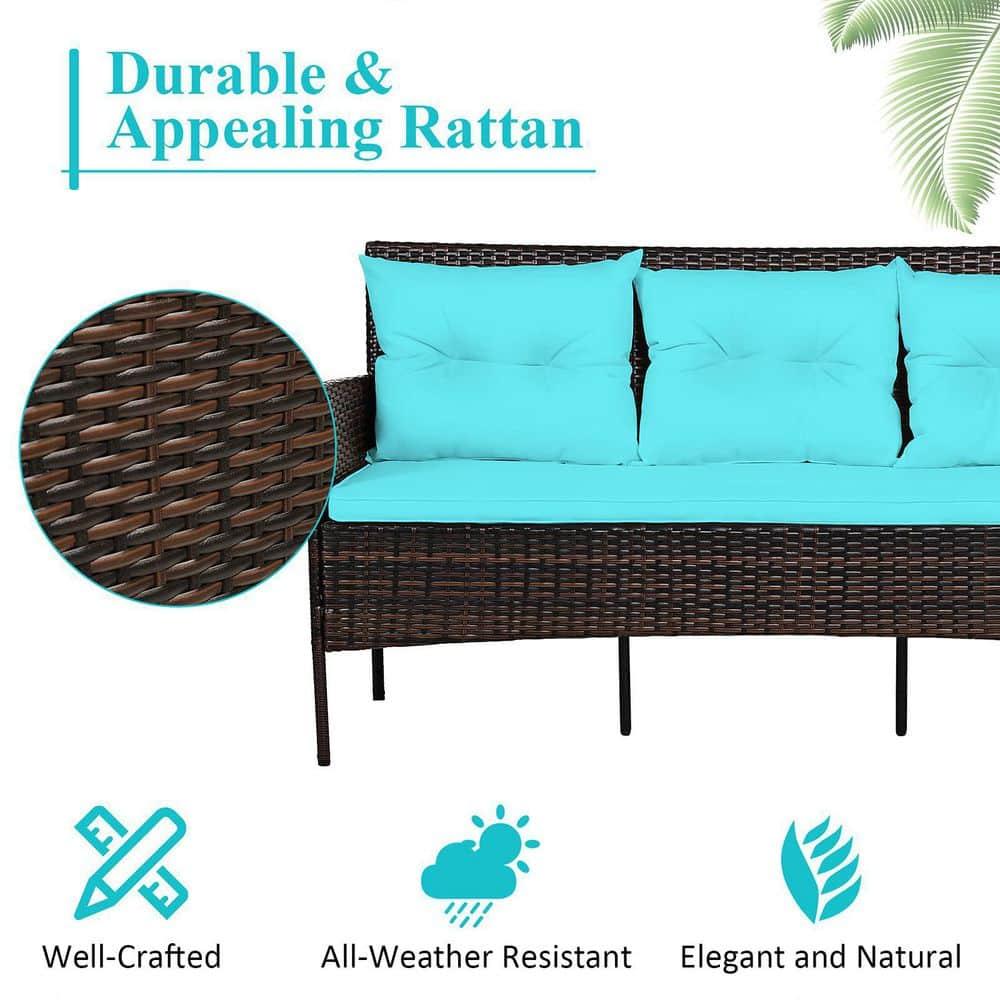Valita 3-Piece Outdoor PE Rattan Furniture Set Patio Black Wicker Conversation Loveseat Sofa Sectional Couch Turquoise Cushion