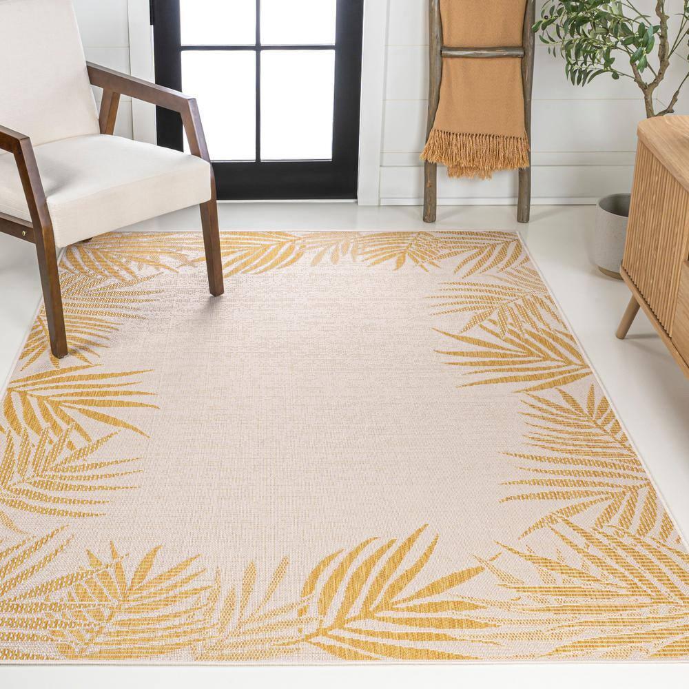 JONATHAN Y Isla Coastal Cottage Palm Frond Border Yellow/Cream 3 ft. x 5 ft. Indoor/Outdoor Area Rug