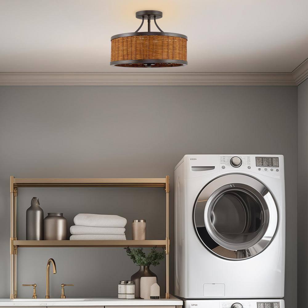 Kira Home Zora 15" 3-Light Modern Semi Flush Mount Ceiling Light + Rattan Wicker Drum Shade, Oil Rubbed Bronze Finish
