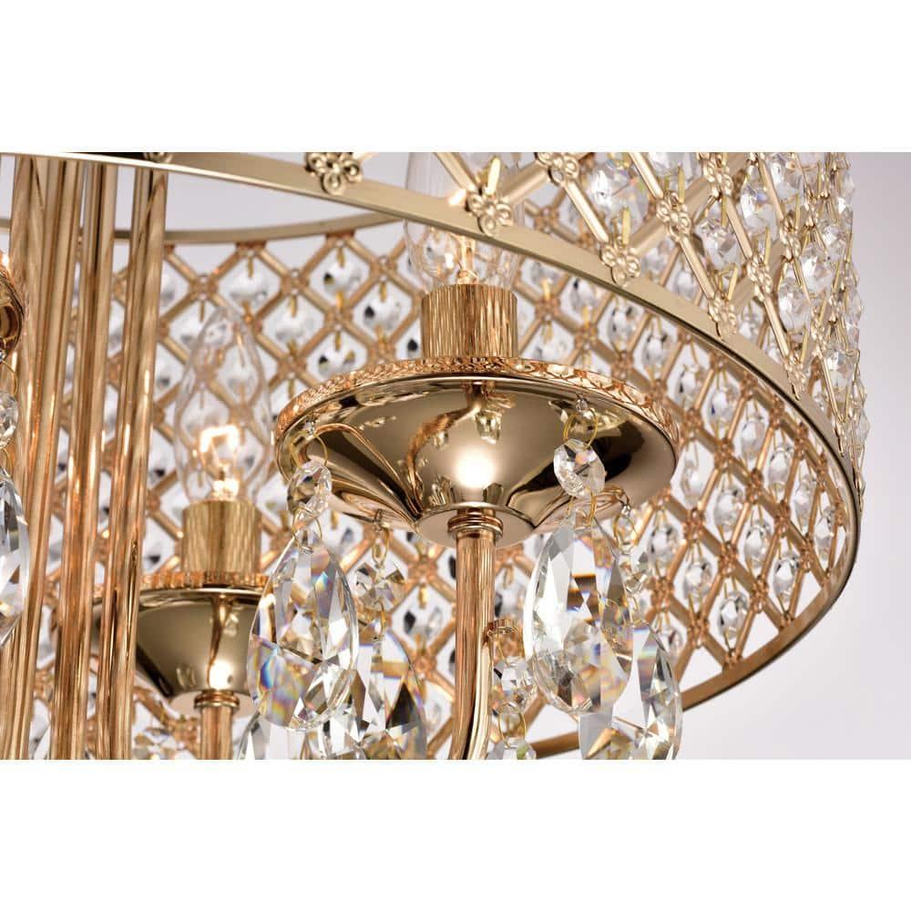 EDVIVI LIGHTING Round Beaded Drum Chandelier with Hanging Crystals Gold 4 17" Gold