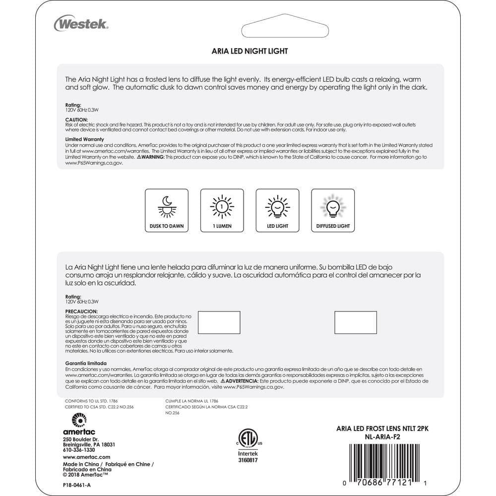 Westek 3853801 Automatic Electrical Outlet Aria Curved LED Night Light
