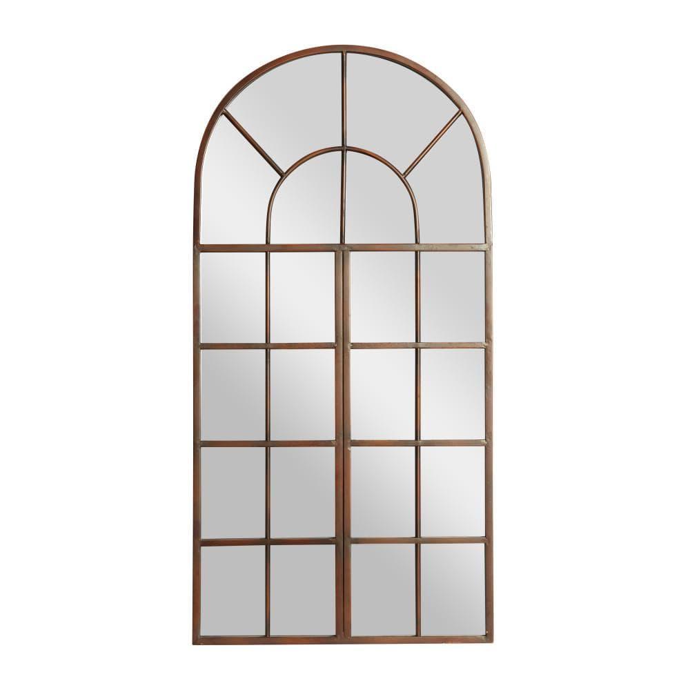 DecMode 24" x 48" Brown Window Pane Inspired Wall Mirror with Arched Top