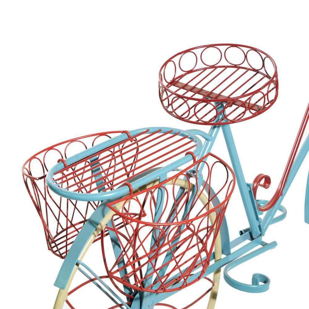 DecMode Vintage Turquoise/Red 3 Tier Bicycle Inspired Metal Plantstand, 54"W x 32"H
