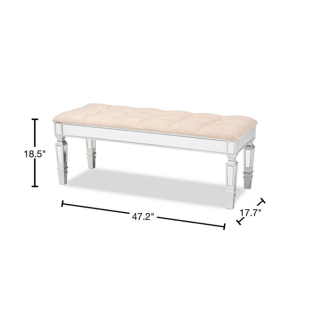 Hedia Fabric Upholstered and Wood Accent Bench Beige/Silver - Baxton Studio: Mirrored Glass, Foam-Padded, Button-Tufted